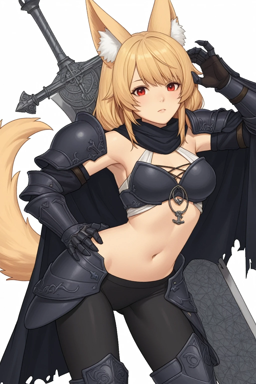 Short blonde hair, cat ears and tail to match hair color, orange eyes, wearing a red scarf, dressed like a brownish bandit, cute girl with a cat beast, brown leather gloves on her hands, two daggers in her hands, ready for battle, 15 years old, the picture should be a Japanese anime, similar to the reference image, small breasts