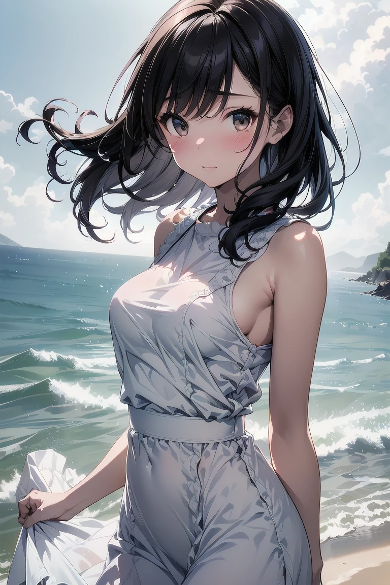 ((Masterpiece)), ((Best Quality)), (Very Detailed), ((Very Detailed)), 4K, (8K), very aesthetic, absurdres highres, A woman walks on the beach with a simple black parasol, wiping her sweat in the strong sunlight. Her summer clothes are wrinkled and sweat marks are visible. In the background is the ocean, with waves rolling in. The whole atmosphere is warm and quiet,