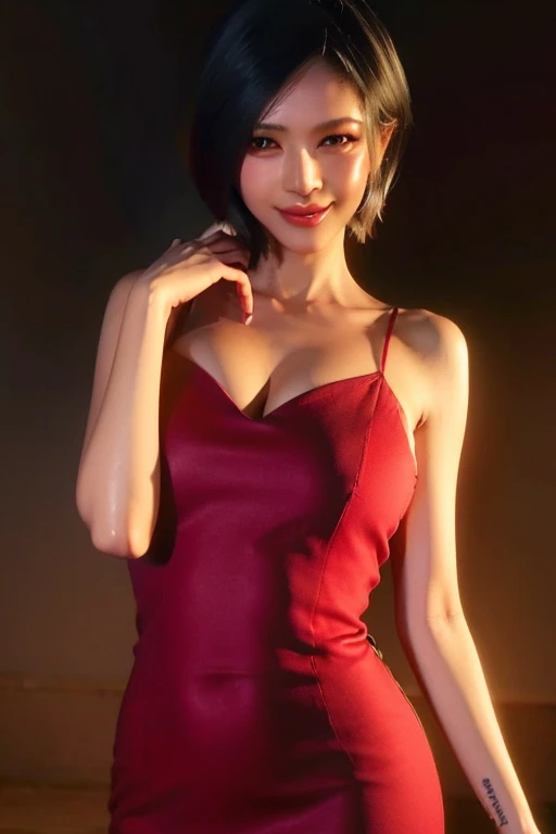 realistic, highly detailed, pose of a beautiful woman Ada Wong stands half-turned a in a short red dress, original bandage up   turn with a glass of wine, sharp focus,  realistic eyed and hair, full body