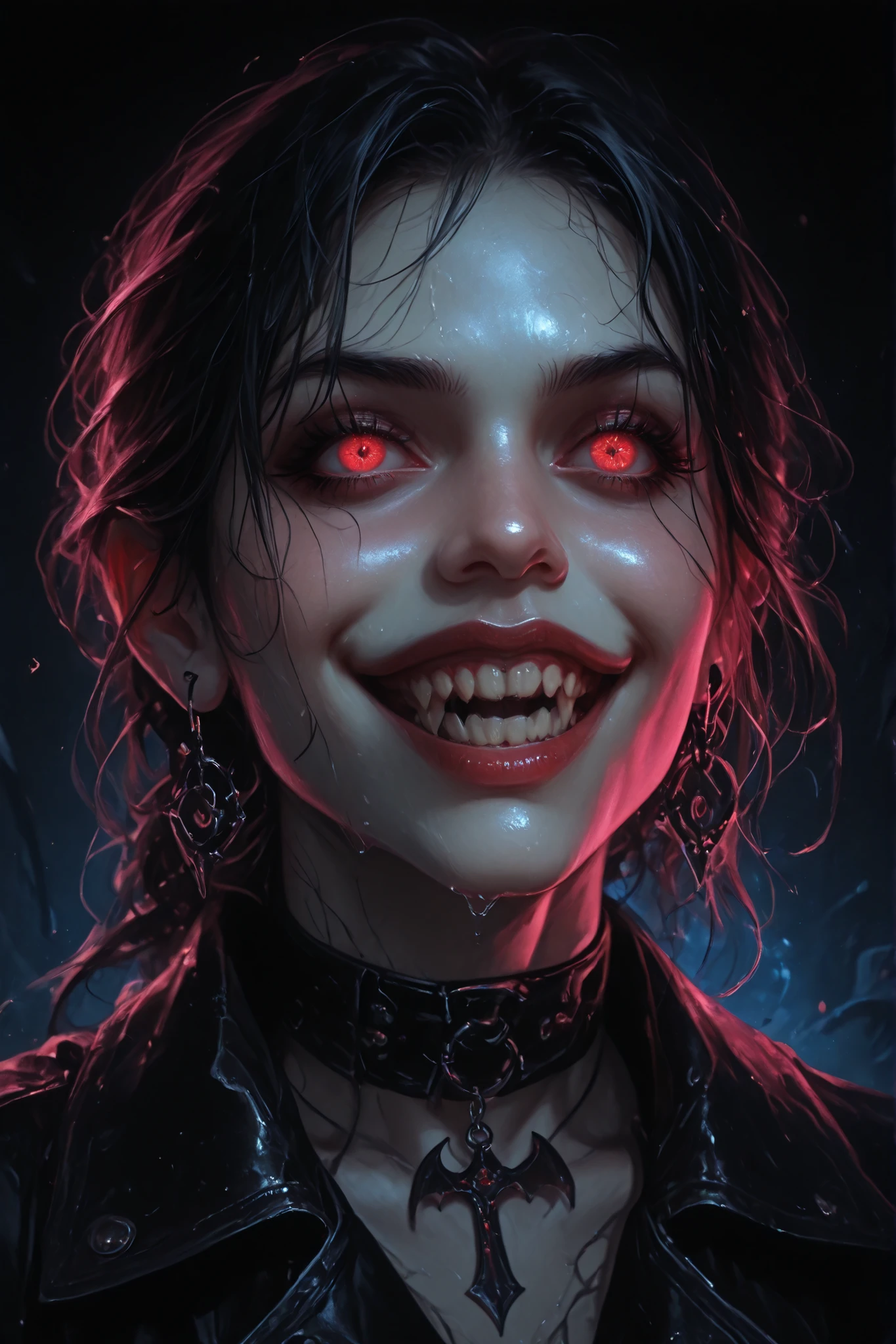 In this striking hyperrealistic digital illustration, a woman with a supernatural, vampiric appearance is captured in dramatic close-up. Her face distorts into a vicious, evil grin, revealing sharp, menacing teeth. Her bright, glowing red eyes contribute to the eerie and unsettling atmosphere. Her dark, wet-looking hair clings to her pale skin, suggesting she has just emerged from a dark, damp environment. Her skin is pale, almost ghostly, with a sheen that enhances the sinister light reflecting off her face.
She wears a black leather choker and matching leather jacket, enhancing her gothic aesthetic. The choker features a small, intricate bat-shaped pendant, subtly contrasting with the otherwise dark theme. Her ears are pierced by large dank earrings that reflect the dim light, adding a touch of elegance to her monstrous appearance.
The background is a deep, black void, with only a few neon pink and blue light sources illuminating her face, casting dramatic shadows and enhancing the eerie atmosphere. The overall style is a blend of realism and dark fantasy, with a focus on horror and gothic elements. The texture of her skin and hair is meticulously detailed, giving the illustration a realistic look while maintaining the fantastical, nightmarish theme.