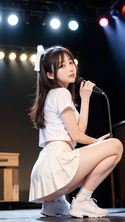 Highly detailed CG Unity 8k wallpaper、Highest quality、Ultra-detailed、masterpiece、Realistic、Photo realistic、A cute girl drawn in great detail、20-year-old、(Skirt rip)、(Roll up the skirt yourself))、White panties、Panty Focus、blush、Lips parted、Looking at the audience、Semi Body Shot、JAPANESE IDOL OUTFIT、stage、Showing panties、Waist、thigh