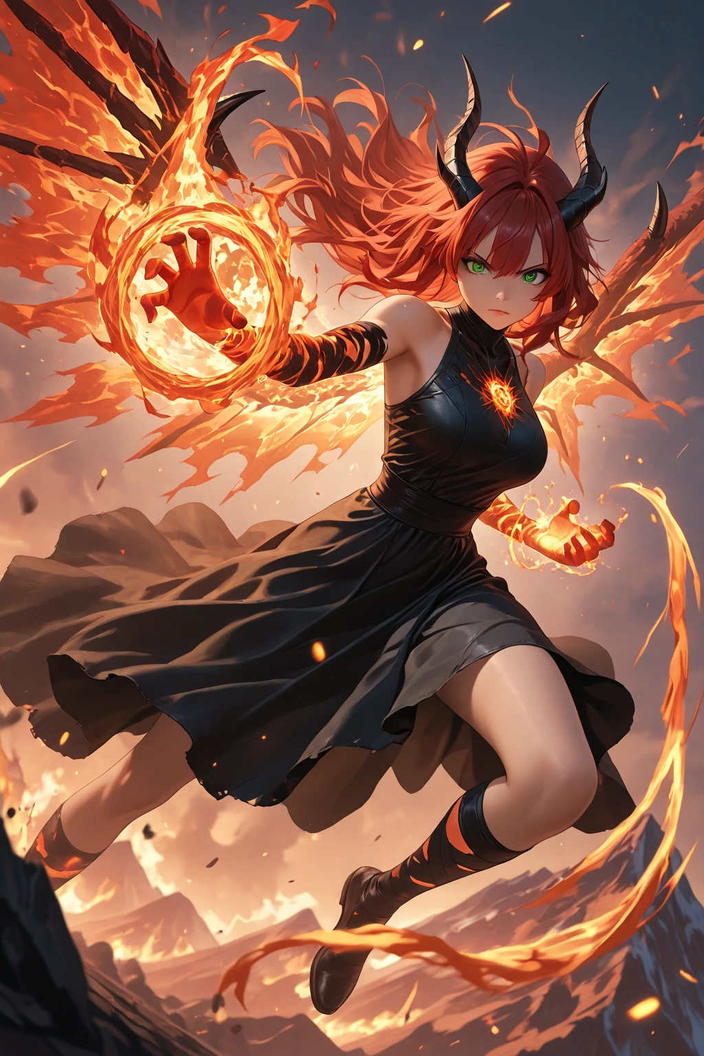 An outstanding painting of a beautiful white girl, flaming, surrounded by flames, dota2 fire girl style, ghost knife style, fire-like hair, long red hair, watery blue big eyes, thin waist, wide hips, mage robes, magic colors, World of Warcraft style, By Blizzard Entertainment, Ultra HD, 8K, real skin texture, best light, best shadow, Lina from dota2, action, wizarding world, overhead view, small mouth, Small nose, big eyes, cute