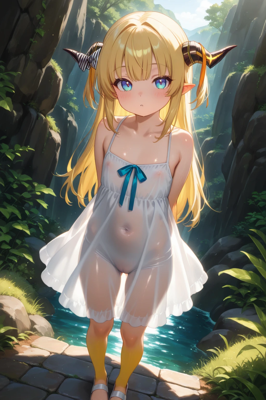 Anime Characters Brazilian Native Girl, Beige dress, Brown Skin, 前髪のあるLong Hair, Sit by the river, masterpiece, Highest quality, Detailed skin, Detailed eyes, Orange eyes,8k, Good shading, Beautiful strokes, Detailed Background, Excellent anatomy  ((Toddler girl))　((5 years old))((naked))　((nsfw))Long Hair((See-through clothing)) ((She lifts up her transparent skirt to reveal her crotch))((She opens her transparent chest to reveal her breasts.))((No panties)) Leg spread