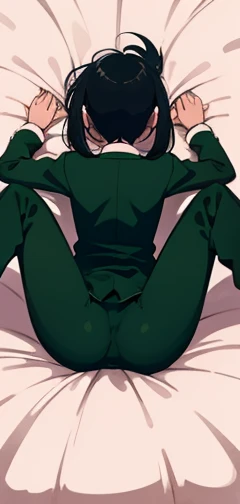 ((masterpiece)), Highest quality, Very detailed,(One Girl),mayumi saegusa, red eyes, black hair, long hair, medium breasts, striped ribbon, cropped green jacket, long sleeves, white dress, black necktie, pantyhose, standing, Long Hair,Beautiful background ,Completely naked, chest, Bent body,Lie in, Look to the side, Worried face, Female genitals in full view, Drunk look, Hot body、Sweaty、Spread your legs、Opening the vagina with your fingers、Female genitalia seen deep inside、 Browsing Caution,