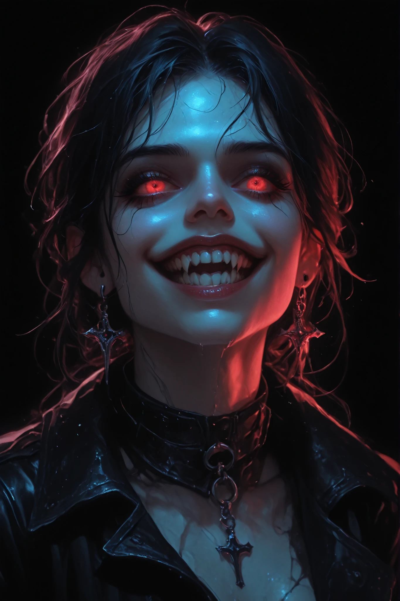 In this striking hyperrealistic digital illustration, a woman with a supernatural, vampiric appearance is captured in dramatic close-up. Her face distorts into a vicious, evil grin, revealing sharp, menacing teeth. Her bright, glowing red eyes contribute to the eerie and unsettling atmosphere. Her dark, wet-looking hair clings to her pale skin, suggesting she has just emerged from a dark, damp environment. Her skin is pale, almost ghostly, with a sheen that enhances the sinister light reflecting off her face.
She wears a black leather choker and matching leather jacket, enhancing her gothic aesthetic. The choker features a small, intricate bat-shaped pendant, subtly contrasting with the otherwise dark theme. Her ears are pierced by large dank earrings that reflect the dim light, adding a touch of elegance to her monstrous appearance.
The background is a deep, black void, with only a few neon pink and blue light sources illuminating her face, casting dramatic shadows and enhancing the eerie atmosphere. The overall style is a blend of realism and dark fantasy, with a focus on horror and gothic elements. The texture of her skin and hair is meticulously detailed, giving the illustration a realistic look while maintaining the fantastical, nightmarish theme.