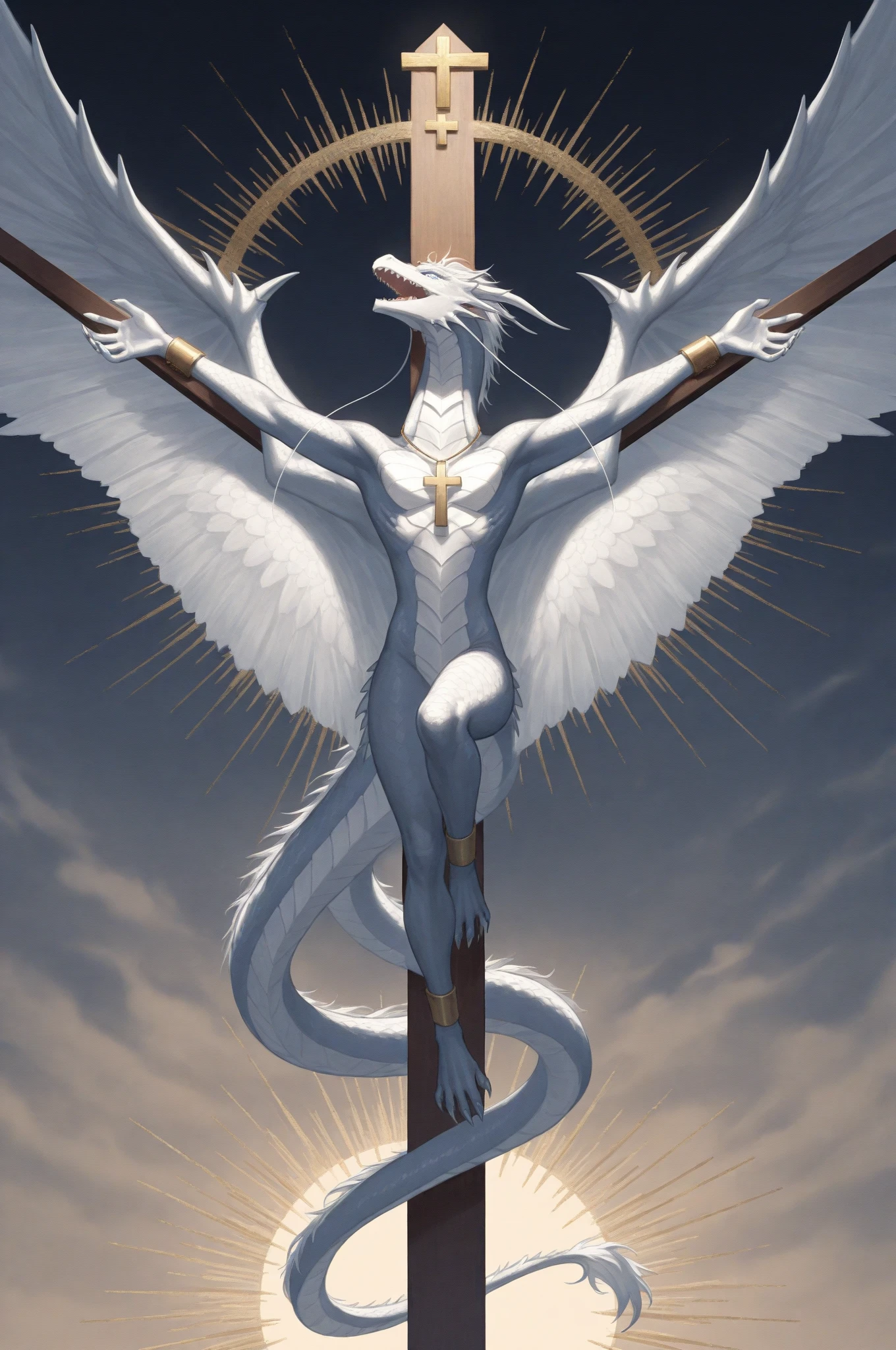 Femboy, long white hair, halo, big angel wings, gigantic muscle, erect snake penis, 4 arms, full body.