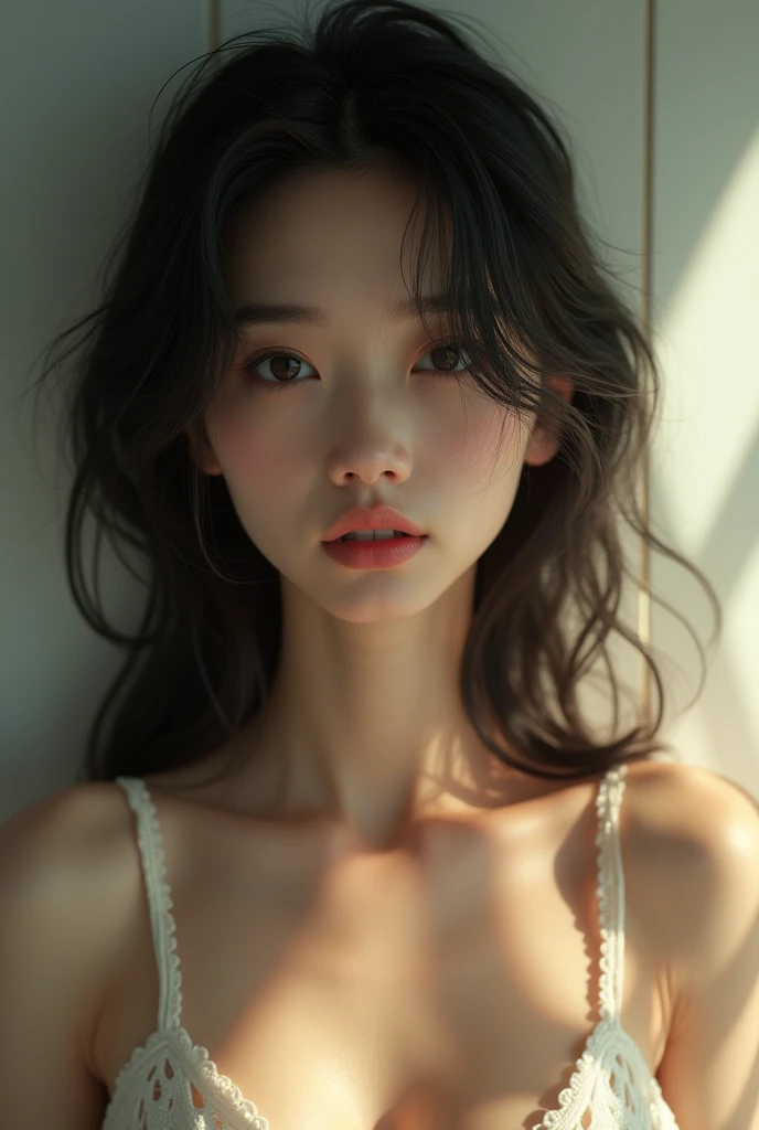 Morning living room。A fair-skinned young Japanese woman sitting at a table。White tank top。Sexy chest。Selfie style。
