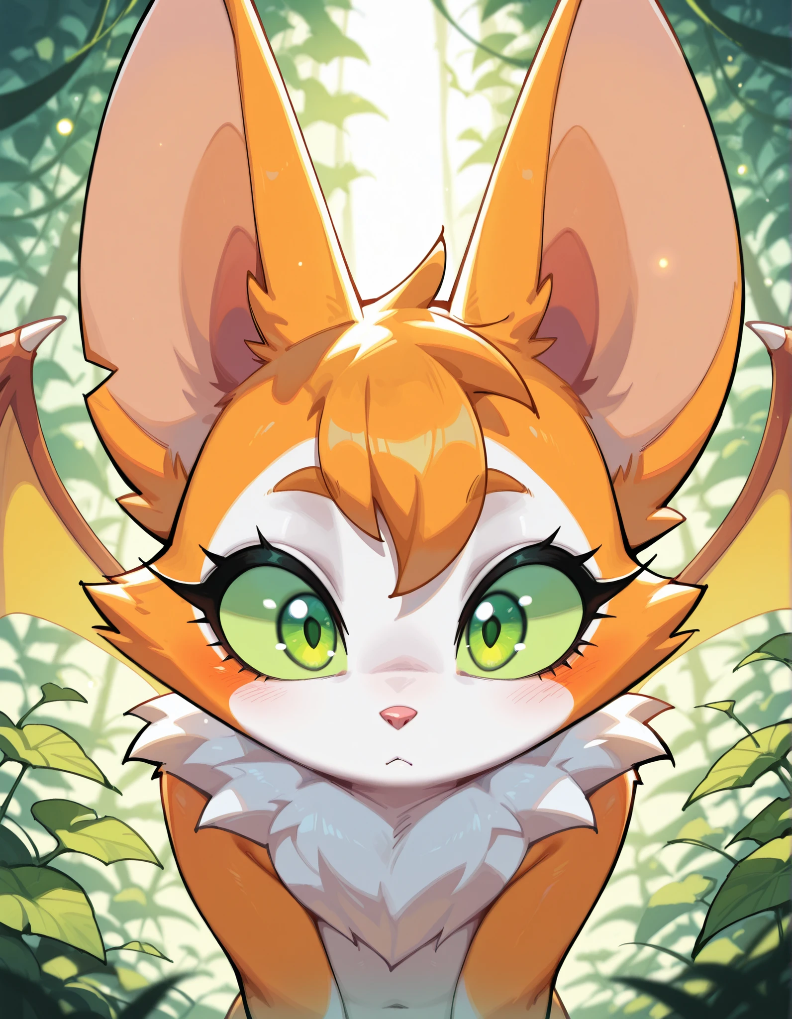 CuteToon_ST,, masterpiece, best quality, very aesthetic, (1girl:0.7),, (solo:1.3), furry, fidget \(elysian tail\), nimbat, fidget_daet, anthro, furry female, wings, tail, green eyes, colored sclera, bat wings, facial markings, orange fur, white fur, two-tone fur,membranous wings, fluffy, portrait, big eyes, young, BREAK, masterpiece, best quality, high quality, particles effect, [:by Desubox:0.15], [:by Anchee, by Snowskau:0.55], detailed background, detailed foreground, subtle shadows, depth of field, backlighting, plant, nude,