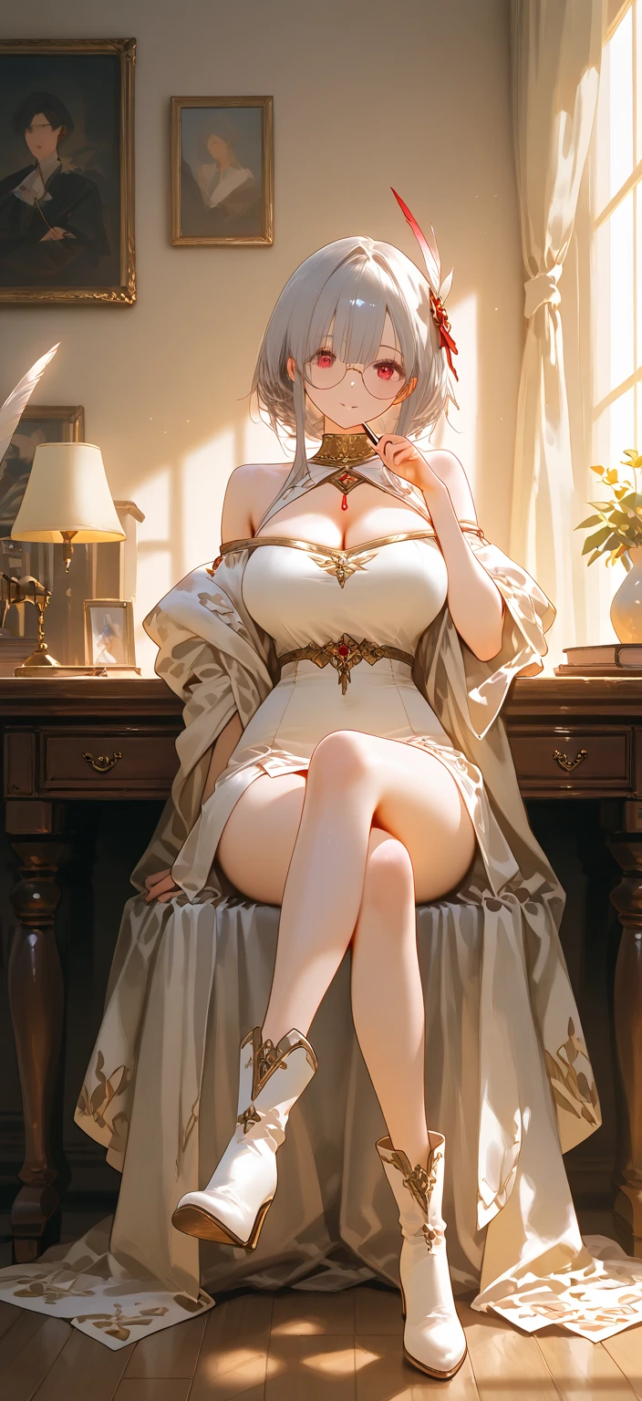 masterpiece, best quality, (perfect face:1.1) big breasts, white hair, red eyes, cleavage, long hair, curvy,  see-through, night, dress, thighs, navel, white dress, laced choker, bare shoulders, wide hips, thick thighs, lips, covered, laced robe, pelvic curtain, laced pelvic curtain, milky hips, navel piercings,  huge breasts, thick thighs, white Heels, body piercings,  neck chains,  open stomach, blonde hair, blue eyes, elf ears, bob haircut, solo