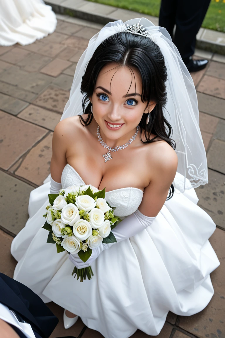 ,earrings ,lipstick, eye shadow, heavy makeup, hair between eyes, hair ornament, gloves, dress, green eyes, cleavage, bare shoulders, collarbone, white oprea gloves, white gloves, white dress, strapless, white choker, tiara, veil, strapless dress, wedding dress, bridal veil, beautiful woman, perfect body, perfect breasts, wearing a wedding dress, ball gown, in the park trees, wedding decorations, looking at the viewer, warm smile, realism, masterpiece, textured skin, super detail, high detail, high quality, best quality, 1080p, busty, [Victoria Beckham],[[KateBeckinsale]],[[[Jenna Coleman]]],[[[Tricia Helfer]]]