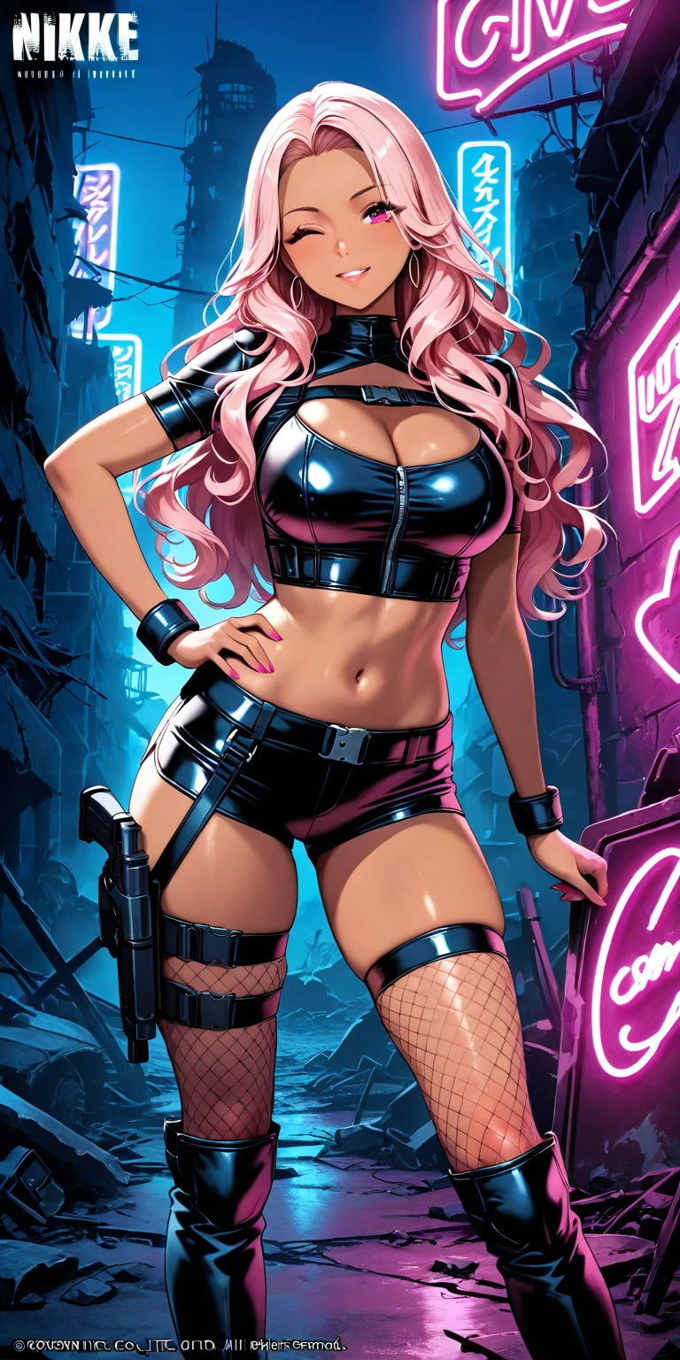 pink bikini, black leather trenchcoat