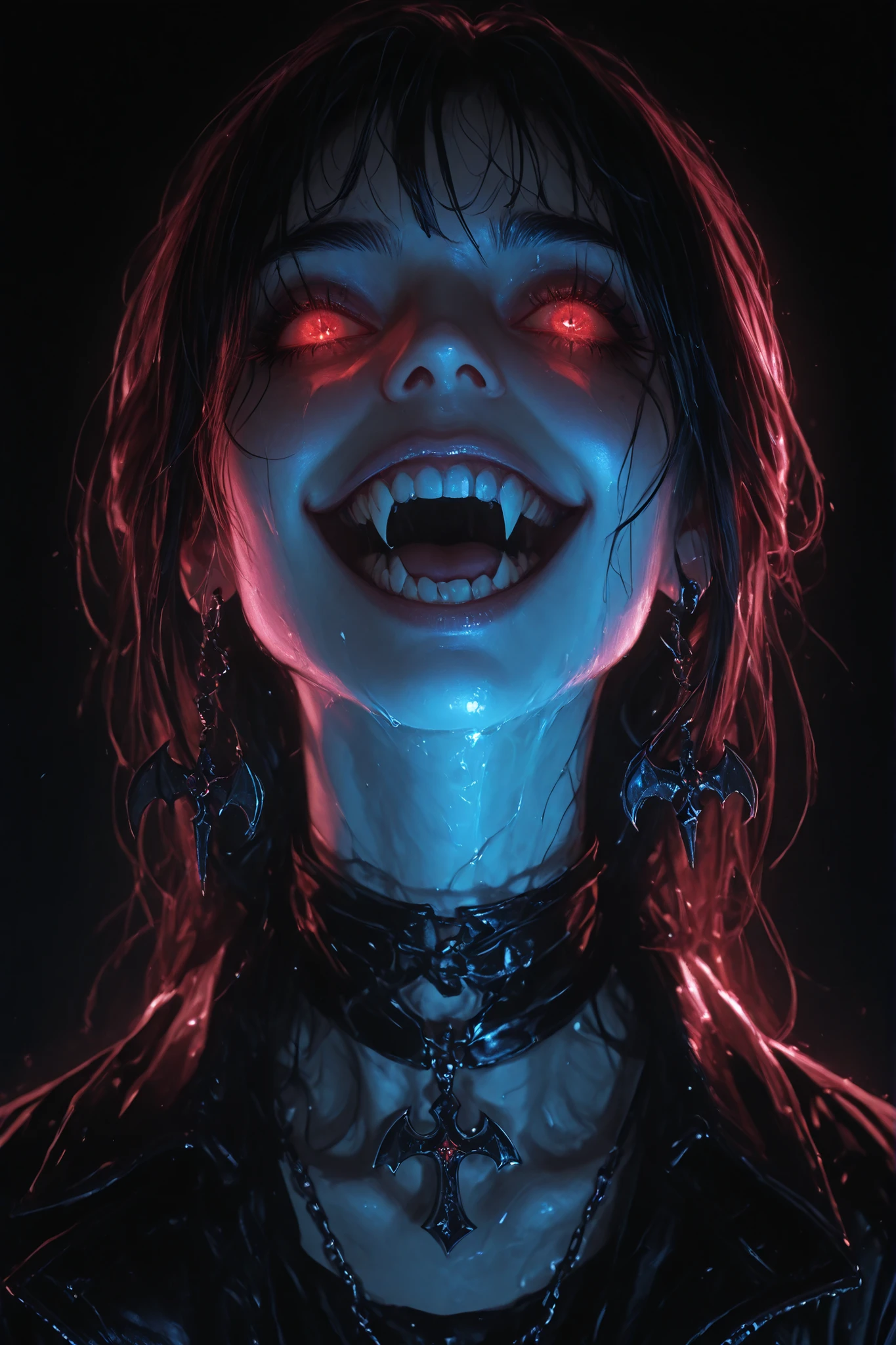 In this striking hyperrealistic digital illustration, a woman with a supernatural, vampiric appearance is captured in dramatic close-up. Her face distorts into a vicious, evil grin, revealing sharp, menacing teeth. Her bright, glowing red eyes contribute to the eerie and unsettling atmosphere. Her dark, wet-looking hair clings to her pale skin, suggesting she has just emerged from a dark, damp environment. Her skin is pale, almost ghostly, with a sheen that enhances the sinister light reflecting off her face.
She wears a black leather choker and matching leather jacket, enhancing her gothic aesthetic. The choker features a small, intricate bat-shaped pendant, subtly contrasting with the otherwise dark theme. Her ears are pierced by large dank earrings that reflect the dim light, adding a touch of elegance to her monstrous appearance.
The background is a deep, black void, with only a few neon pink and blue light sources illuminating her face, casting dramatic shadows and enhancing the eerie atmosphere. The overall style is a blend of realism and dark fantasy, with a focus on horror and gothic elements. The texture of her skin and hair is meticulously detailed, giving the illustration a realistic look while maintaining the fantastical, nightmarish theme.