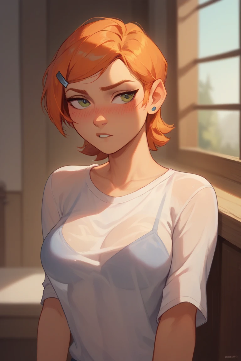 (Masterpiece), Best Quality, ultra-detailed, 1girl (Gwendolyn_Tennyson, lovely small breasts, orange hair, short hair, green eyes, half-closed eyes),evil face, mascara, full makeup, dark eyeshadow, red lipstick, smirk , parted lips, nose blush, blush, facing viewer, looking at viewer, solo,white  shirts, cleavage, 
red lace bra , pleats skirt(black pattern),pink skirt, ultra mini skirt, red lace panties,loose socks, in the classroom, night time, , sitting,  sitting on desk, spread legs, come-on, lure,, Sexy waist teasing,  , , from_below 