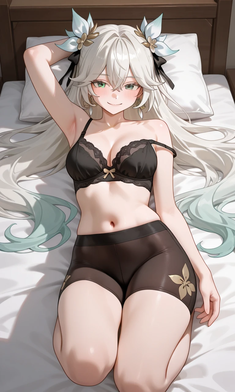 a hot seductive mature woman, black pearl cookie, lying down in bed. she has a curvy but slim body, with lovely curves and long sexy legs. her skin is so smooth that it glows. her hair is long, wavy and white, and it's fluffy and messed up. her eyes and white and sharp with long eyelashes. she's wearing a black bikini, as well as a pair of long black stockings and a choker. her pose is seductive and alluring: she's lying down on the bed while looking at the viewer. the viewer is in front of her and has a close up of her face from above. HD, very detailed picture