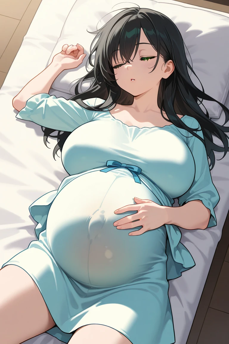 Lying in bed, 24-years-old, Huge breasts, soft, Sweat, Super big breasts, long black hair, Straight bangs, Full body illustration of a blue-eyed girl, Embarrassed, Pregnant