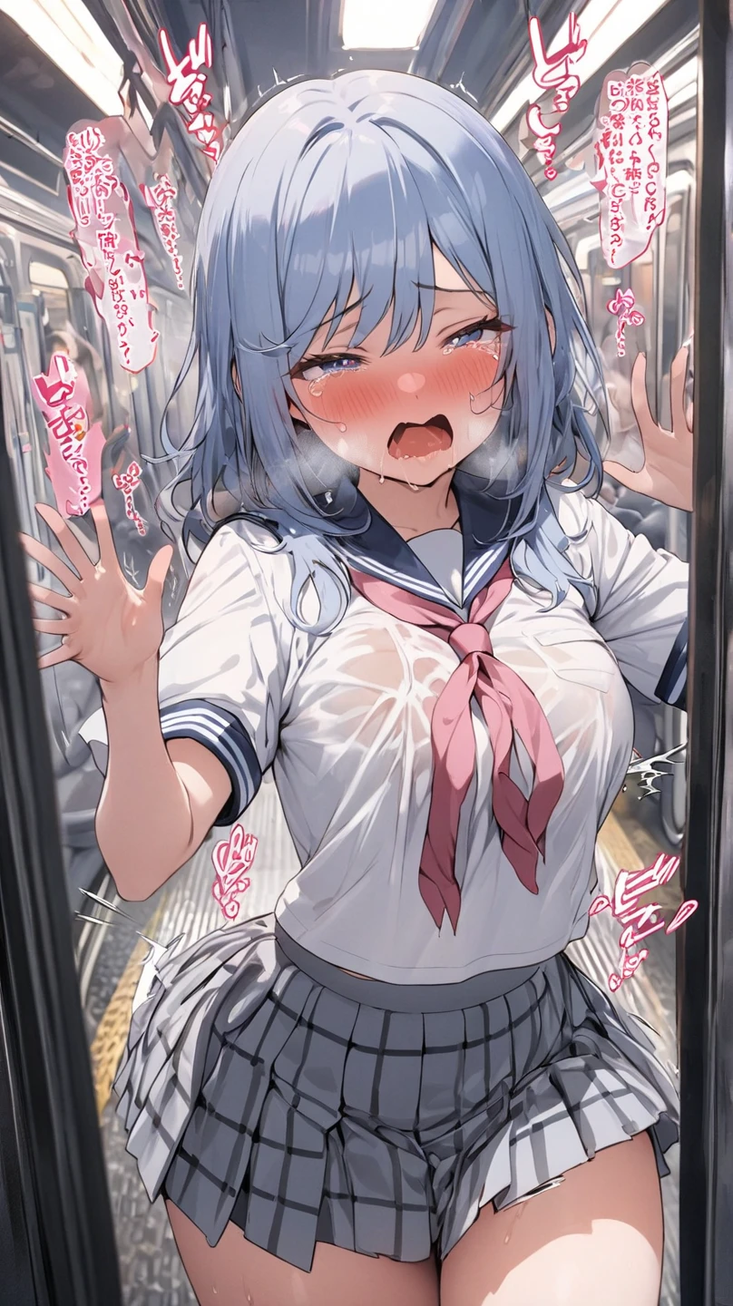 One、Being ridiculed on the streets、Walking through a crowd of clothed people、Light blue hair、blue eyes、Standard Bust Size、Feeling embarrassed、Desperate look、Are crying、belly button、Nipples、Pussy is always visible、Sailor suit cut out、Wearing a very short skirt、Low - Angle