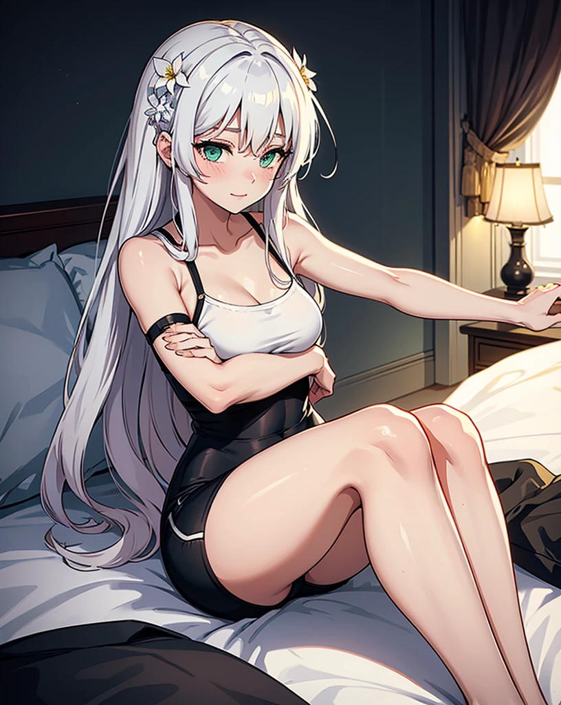 比基尼，underdressing，Beds，Fork the legs，long  white hair，nedium breasts，cleavage