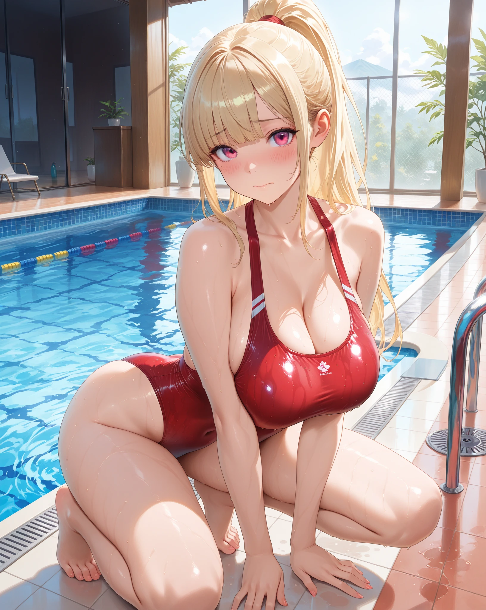 Masterpiece, best quality, highres, highly detailed, 1 girl, long blonde hair, blue eyes, no twintails hair, large breast, red bikini, red bra, red panties, she wet, nipple perked out from under bikini, outdoor, sitting by the pool,
