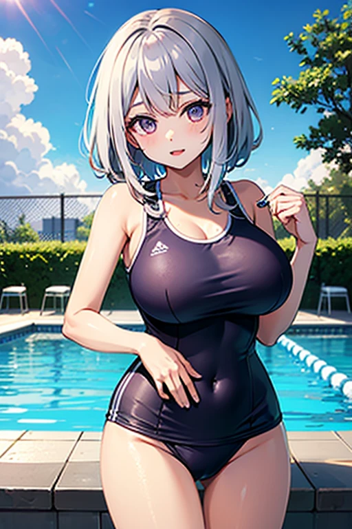 mastute piece,Best Quality,insanely detailed,8k cg,nsfw,
shoot upper body,(body in front:1.1),
1girl,standing,looking at viewer,(upright:1.3),(School Swimsuit),
break,blush,shy,(trembling:1.2),silver hair,(large breasts:1.2),(open mouth:0.9),(Pool),