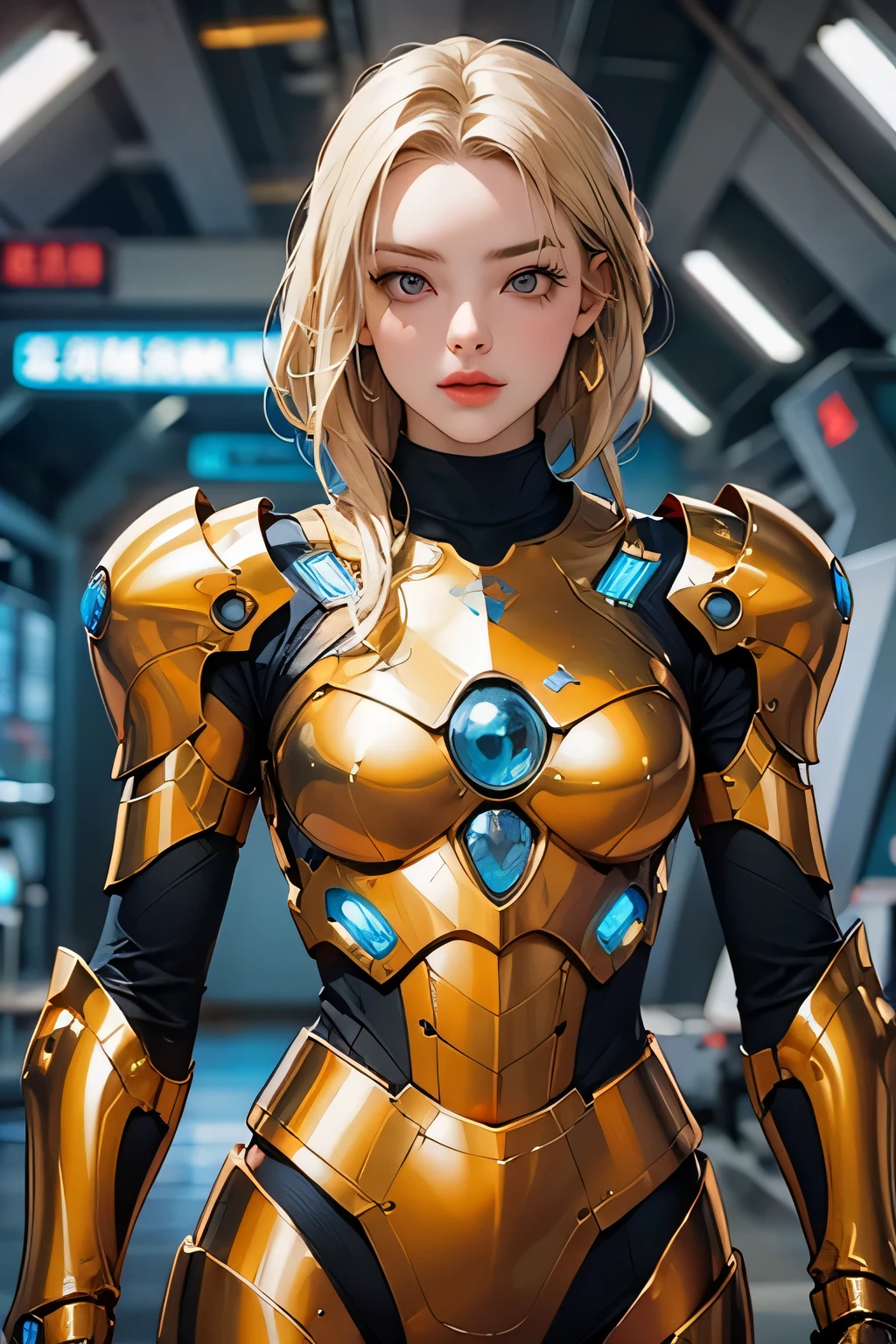(1 Mechanical Girl)、top-quality、masterpiece、超A high resolution、(Photorealsitic:1.4)、Raw photo、女の子1人、Golden hair、glowy skin、(((1 Mechanical Girl)))、(LED Lamp Mechanical Helmet)、(Small LED)、((super realistic details))、portlate、globalillumination、Shadow、octan render、8K、ultrasharp、Colossal tits、Raw skin is exposed in cleavage、metals、Details of complex ornaments、Japan details、highly intricate detail、Realistic light、CGSoation Trends、Red Eyes、radiant eyes、Facing the camera、neon details、(Mechanical limbs)、(blood vessels connected to tubes)、Mechanical vertebrae attached to the back、mechanical cervical attaching to neck、(Wires and cables connecting to the head)、Gundam、Small LED、,Mechanical thighs、Toostock、