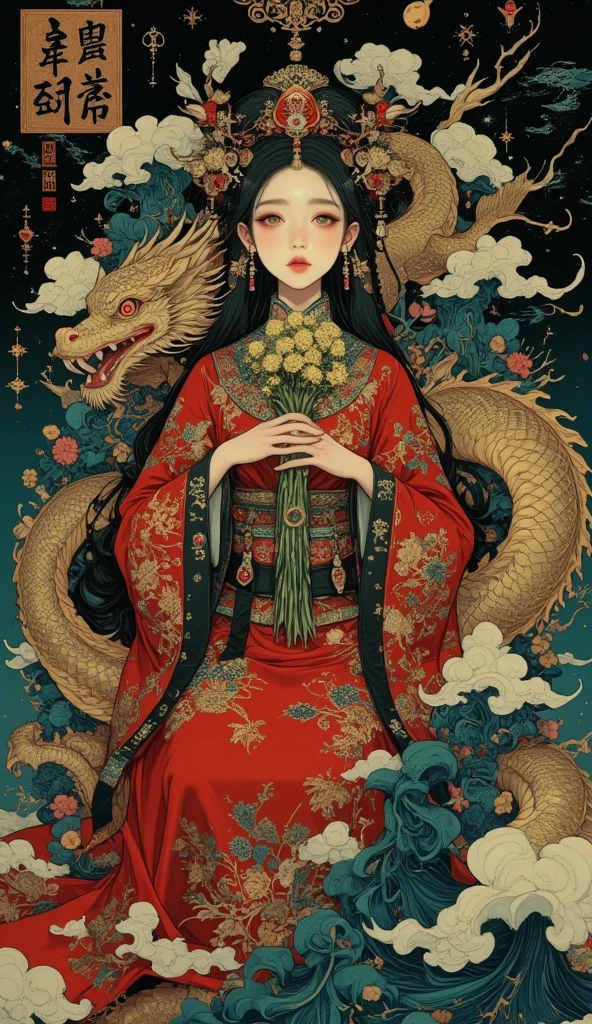 A long-haired girl dressed in red and gold has her head bitten by a dragon, surrounded by traditional symbols such as lanterns, couplets and gold ingots. Standing in front of the background, the color scheme is bright and vivid, but also a little eerie.