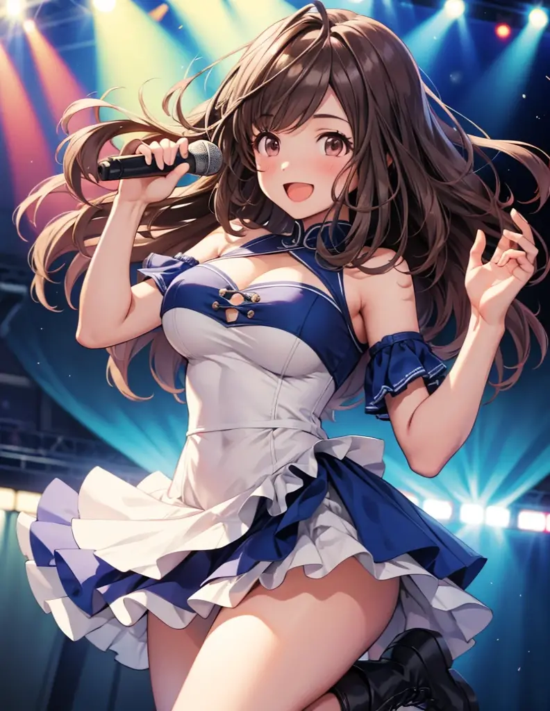 highest quality、All limbs、full finger、Slender beauty、ponytail、brown hair, navy blue, 白とnavy blueのアイドル衣装、その衣装にはnavy blueのアイドル風コルセットがある, That costume has a ribbon on the collar.、The costume is on the shoulders and underarms.、Covers the upper arms and arms, That costume only opens wide at the chest.、high socks、beautiful big breasts、live stage、sing、holding a microphone, dancing、big smile、(white side-tie lacy panties:1.1), skirt lift, show off panties, (shirt lift:0.1), (show off bra:0.7), (white lacy bra:0.92), (erect nipples:0.9), Angle looking down from the front