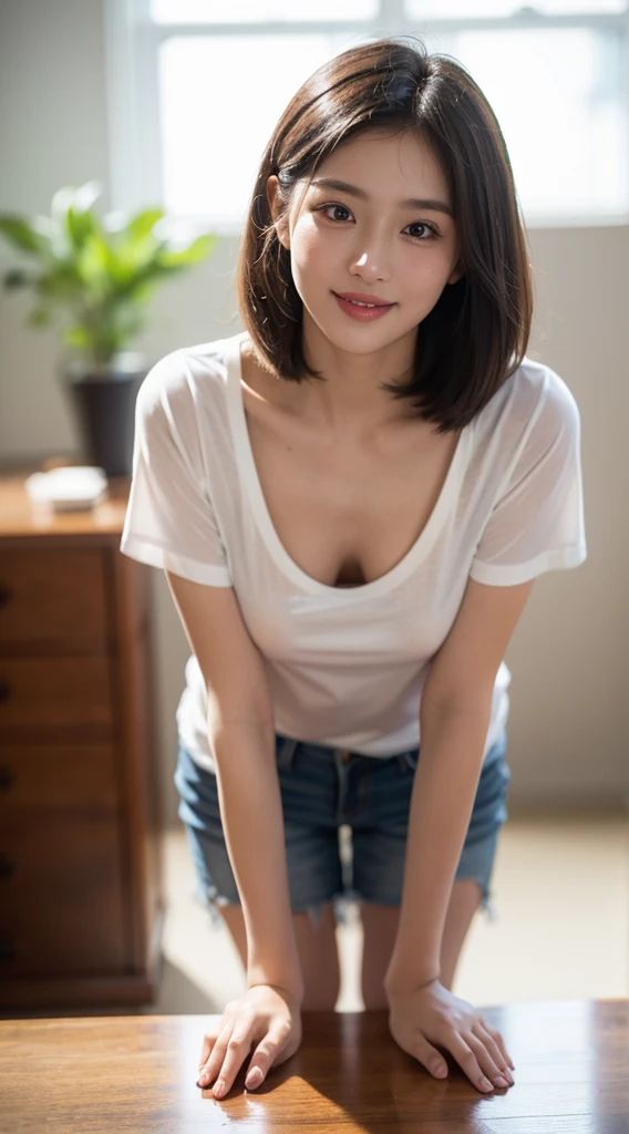 (Best quality, 8k, 32k, Masterpiece, UHD:1.2),Photo of Pretty Japanese woman, 1gril,black short hair,large breasts,(detailed white loose t-shirt:1.2),denim pants,necklace,(detailed lace bra:1.05),(leaning forward:1.8),looking at viewer,pov,looking down,across table,(hands on table:1.1),smile,in cafe,upper body, all fours