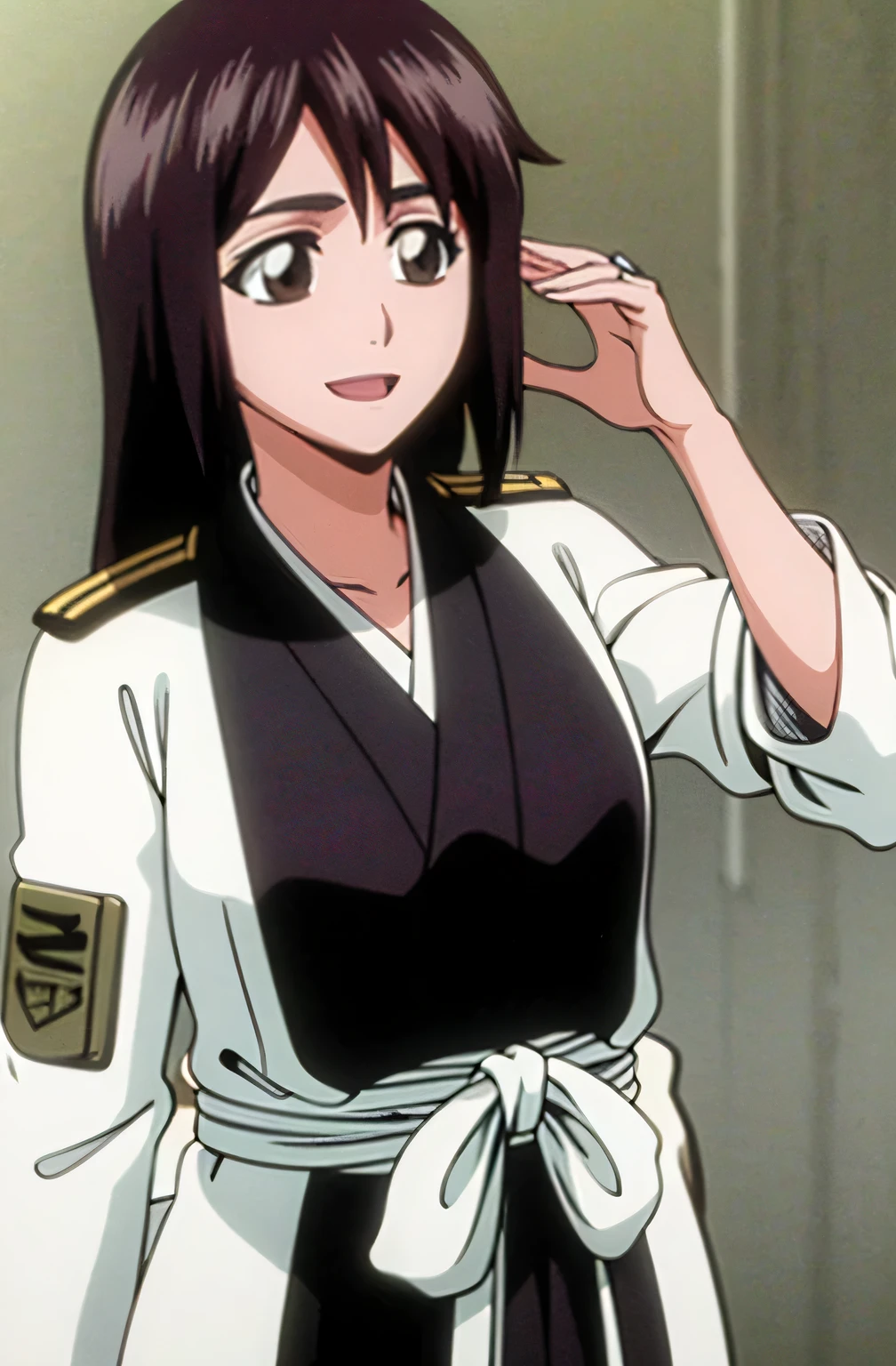 masterpiece, Highest quality , one girl from the side , romantic love , black hair, single ,straight long hair, Vancouver, brown eyes, kimono, white sleeveless coat ,Captain's coat without white sleeves, black kimono , smile, alone, I'm looking for , simple background ,