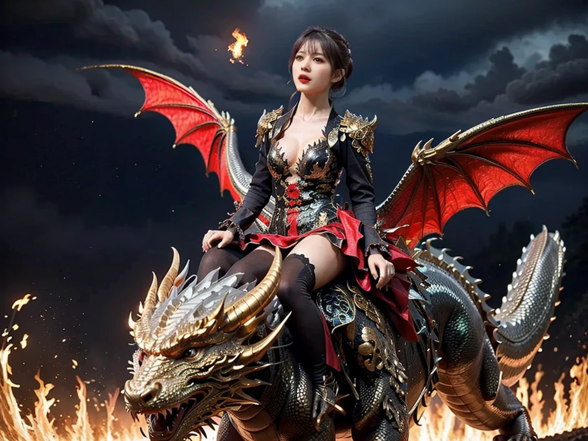 Professional , masterpiece、top-quality、photos realistic , depth of fields 、(Dragon Red Metal Body:1.9),(Enamel Red、(cleavage of the breast)、Dragon Gold Weapon、(Red Micro Bikini Armor:1.4),Gorgeous gold weapons ,(Riding a Demon Beast),(( Dragon's dense and gorgeous sword)) , (demonic wings)、((a blond))、(Castle background)、((Gangle's forest background))、((Fight dragons))、Beautiful Caucasian beauty、1a person、dynamic ungle,(((Detailed and ornate dragon helmet)))、Smaller head、A smile、Castle background、Thin and beautiful female hands、cleavage of the breast、Soldier in iron armor on background、Mystical expression、Light Effects、intense fighting、Wind-effect、magic circles、With the legendary magic wand、Dragon's tail、explosions、Anatomically correct body、