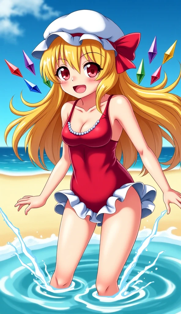 this sexy asian woman is surfing and shows her pussy while in water, 1girl, swimsuit, Micro hot bikini, solo, breasts, navel, wet, Blonde hair, looking at viewer, outdoors, White Micro bikini, smile, open mouth, sky, day, bangs, choker, blush, blue sky, wading, ass visible through thighs, (RED Ribbon on HAIRband:1.2), (pointy_groin,underboob,from below),cameltoe,Ichigo Hoshimiya (Aikatsu!),lol_i,micro bikini