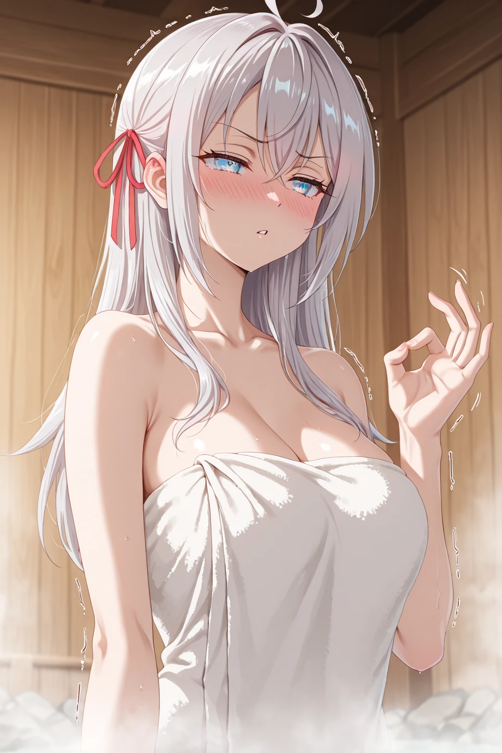 (best quality:1.4), (best lighting), (best artist:1.3), (best desinger), (best scenario), (1girl), long white hair, (shimmering red glowing eyes:1.2), big breasts, elegance, cinematic lighting, abandoned place scenery background, 