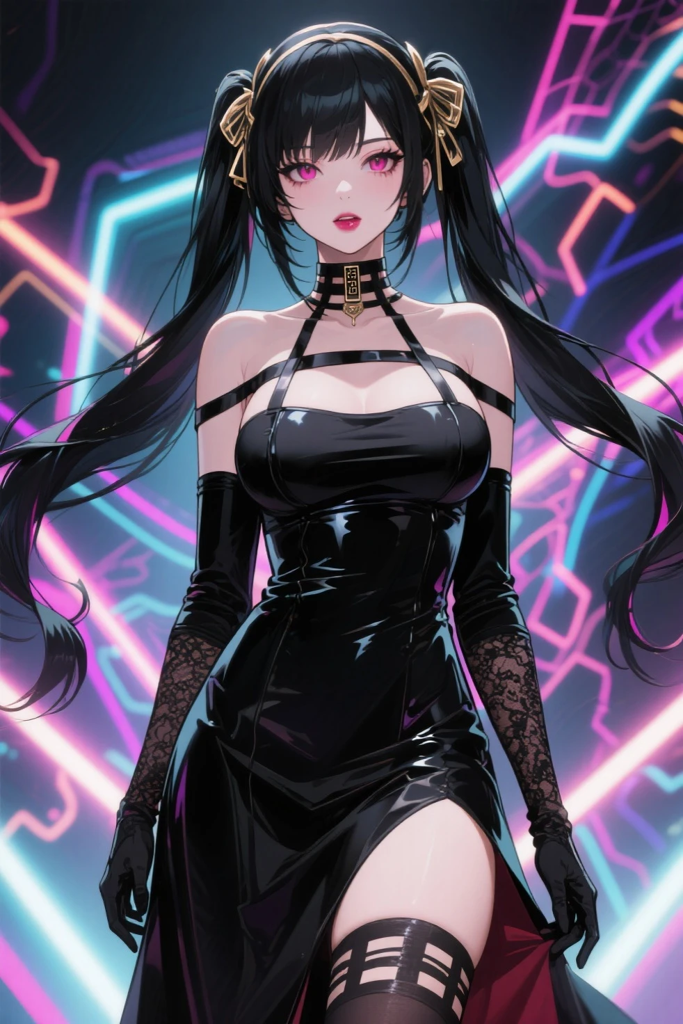 8K, Ultra HD, Masterpiece, 1 girl, exquisite face:1.5), very long hair, strait hair, detailed eyes, ultimate details, wearing black leather jacket, black clothes, (glowing clothes:1.4), amazing magnificence, LED Internal lighting, glowing iris, glowing iris, light smile 