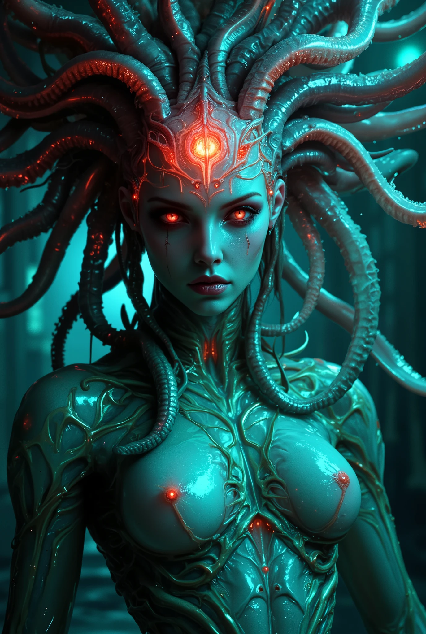 (1 beautiful and obscene female alien:1.4), (There is a female genital-like organ in the middle of her forehead:1.95), She has medusa-like hair, (there are lots of translucent tentacles from her head like her hair:1.5), (vulgarity1.7), (she is looking down at viewers with glowing orange eyes with no pupils:1.6), (She has translucent pale skin:1.4),(She has the most beautiful face in the history of the universe:1.2), (She has multiple bioluminescent organs on the side of her tentacles:1.4), (Her body is covered with an iridescent exoskeleton:1.4), (She is showing her arm pits:1.6), an evil gaze that seduces, (looking down at viewers:1.4),(Vampire-like long canine teeth can be glimpsed through the gap between the cute lips:1.4) (bio luminescent:1.4), (Smile wickedly:1.3), (sexypose:1.4), alien, No humans, cells are fused, extraterrestrial, cell, bio image, ultra high resolution, (photos realistic:1.7), (Numerous award-winning masterpieces, with incredible detail, textures and maximum detail), Dramatic Lighting, cinematic quality, (exquisite details:1.2), High freshness, drawing faithfully, (Thick eyebrows:1.2), Beautiful eyes with fine symmetry,(Highly detailed face and eyes:1.2),(Super detailed skin quality feeling:1.4), perfect ???????, (Beautiful toned body:1.5), (Moist skin:1.2), not wearing makeup, (dark circles:1.1), long canines, cinematic drawing of characters, cinematic quality, (exquisite details:1.2), high resolution, High freshness, drawing faithfully, official art, Unity 8K Wall paper, ultra detailed artistic photography, midnight aura, unreal engine 5, Ultra Sharp Focus, art by MUCHA, art by Amano Yoshitaka, ArtGerm, ultra realistic realism, dream-like, Creation of fantasy, dream Snail, (biopunk nautilus:1.3),Thrilling color schemes, seductively smiling, Amazing mutation, well-proportioned body, goddess of the deep sea, fractal, Geometric pattern, impossible figures, subtle emerald green accents, (expression of ecstasy:1.5)