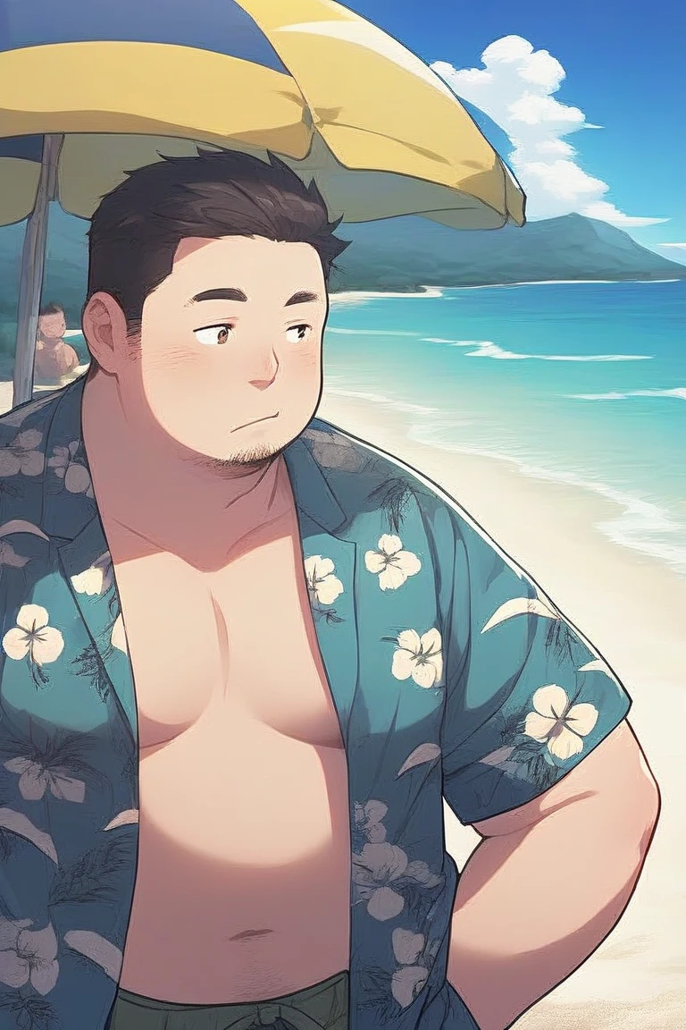 ((highest quality)), ((masterpiece)), (detailed), Perfect Face、Shaved head、Young Japanese、Muscular、Fat body、Big guy、smile、white small swimsuit、Emphasize the chest、Thick legs、Thick arms