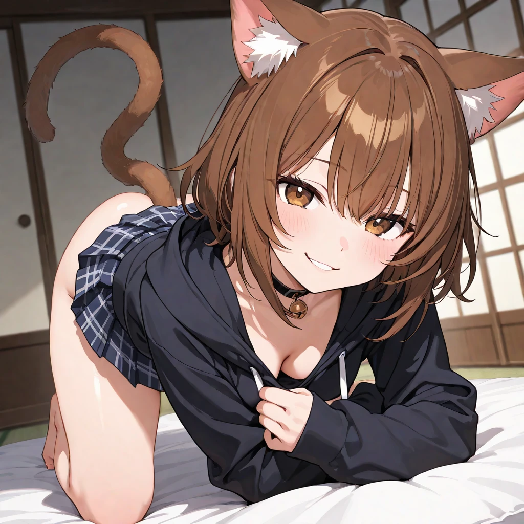 Indoors, 1girl in, breasts, Smile, Short hair, Open mouth, Bangs, big breast background, Brown hair, 1boy, Animal ears, cleavage, Brown eyes, Jewelry, tail, Swimsuit, hetero, earrings, , Solo Focus, Cat ears, Dark skin, Blunt bangs, Cat tail, Uncensored, tusk, blush stickers, erection, testicle, bob cuts, Cat Girl, all-fours, Drooling, Furry, venat, furry female, vein , interspecies, flesh body , awe, furry with non-furry, In look ,(Naked)