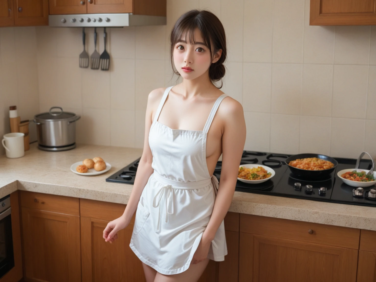 Top quality: 1.4, high resolution, perfect lighting, one girl, big breasts, short ponytail, ribbon, pink striped apron, kitchen