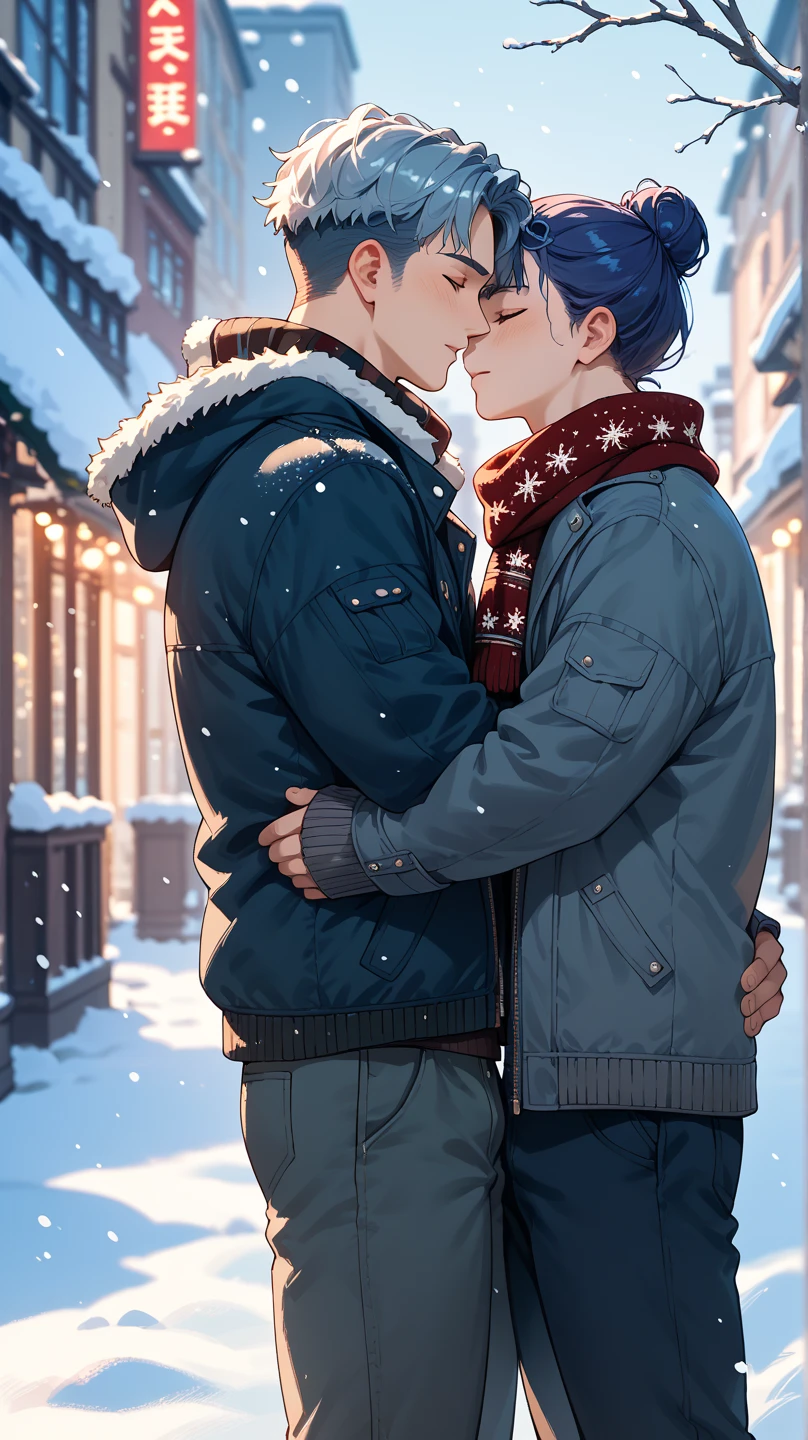 ((Masterpiece, Super Hi-Res, Highly Detailed, 8k)), ((2 boys kissing: 1.5)), ((Snowy landscape,:1.5)), Scandinavian, about 20, handsome, short hair, ((British public school student style attire, no tie, duffle coat, makes viewer smile : 1.2)), twink, manly face, skinny, excited, gay erotic,. Sexy Raised, cowboy shoot, Vivid colors, cinematic lighting effects,