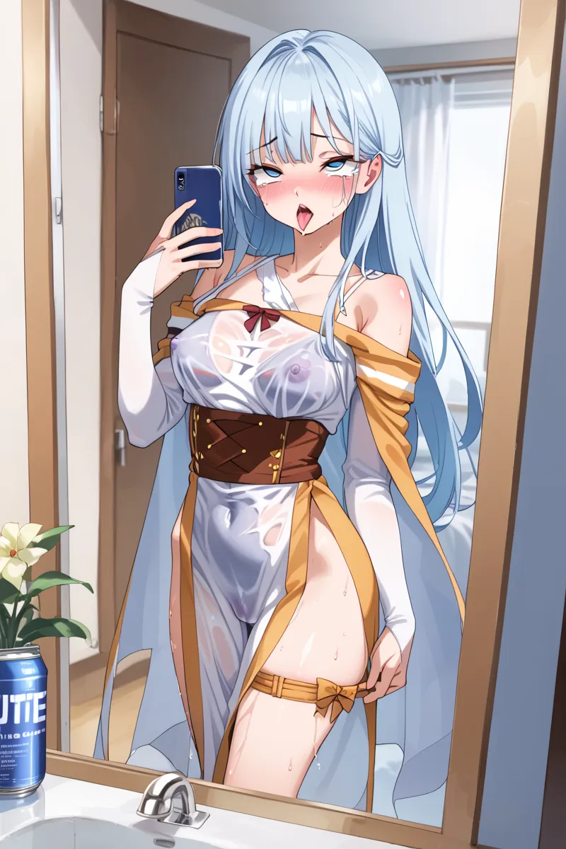 (masterpiece), best quality, expressive eyes, perfect face,nsfw:1.2,full body,embarrassed,breathless:1.4,humid:1.5,full-face blush:1.3,smirk:1.3,see-through bathrobe:1.2
