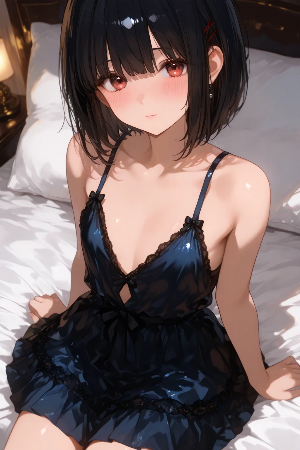 lie on one’s back,side view,lick,open mouth,tongue out,cum on tongue,1girl,(((((12-year-old girl))))),(((((Short,))))),slender,small breasts ,looking at viewer, looking ahead,from above,upper body,Black Hair,Long Hair,one side up,Gray Eyes,Drooping eyes,slit pupils,narrow eyes.Mischievous smile,Sheer black and pink negligee,Sexy Lingerie,Collar with leash,Dimly lit room,On the bed,Dim lighting,Beautiful and detailed anime art