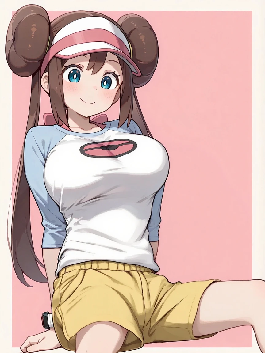 masterpiece, highest quality, High resolution, b1, bun hair, blue eyes, twin tails, visor cap, pantyhose, raglan sleeves, yellow shorts, shirt, pink ribbon, watch, Are standing, (face forward),field, monster Ball \(Basic\), smile,(huge breast:1.2),large tits,full bust,(round breast:1.4),toned,((slender)), smirk,bedroom,nose blush, heart-shaped pupils, frustrated,((shirt lift)),(show off bra),clothed bra,(black bra:1.4),((Emphasize cleavage)),embarrassed expression