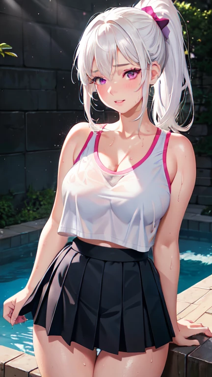 Realistic, One girl, ponytail, Part your lips, blush, compensate, A light smile, Gray Hair, Sportswear, skirt, Wet clothes, shine, Thighs, Purple eyes, Bare shoulders, clavicle, Tight waist, Sunbeam, sunlight, Rose, Wind, Cleavage, (masterpiece), Sweat,