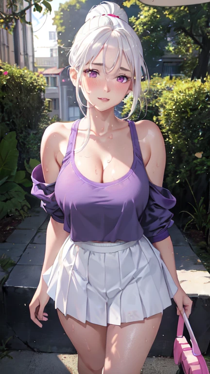 A emaciated busty pale skin gyaru in , {{{masterpiece}}}, {{{best quality}}}, {{ultra-detailed}}, {{extremely detailed}}, {{perfect composition}}, {{8k}}, {{hyperrealistic}}, {{an extremely delicate and beautiful}}, {{super detailed skin}}, {{perfect anatomy}}, highly detailed face, shiny detailed hair, shiny skin, shiny body, gleaming skin, AddXL, 1girl, large breasts, {{short hair}}, {{grey hair}}, {{hair flaps:1.1}}, {{{flipped hair}}}, {{{parted bangs}}}, {{red eyes}}, {{tsurime}}, {{long eyelashes}}, {{{pale skin:1.5}}}, skinny, emaciated, slender, slut, prostitute, makeup, gyaru, thin body, thin waist, thin thighs, thin legs, cleavage, navel, midriff, solo , shirt, white shirt, skirt, miniskirt, pleated skirt, outdoor, standing, cowboy shot、 full body (NSFW breasts), hdri, extremely naked, nude, nua, pelada, nsfw, gigantic breast 1.9, no half leg