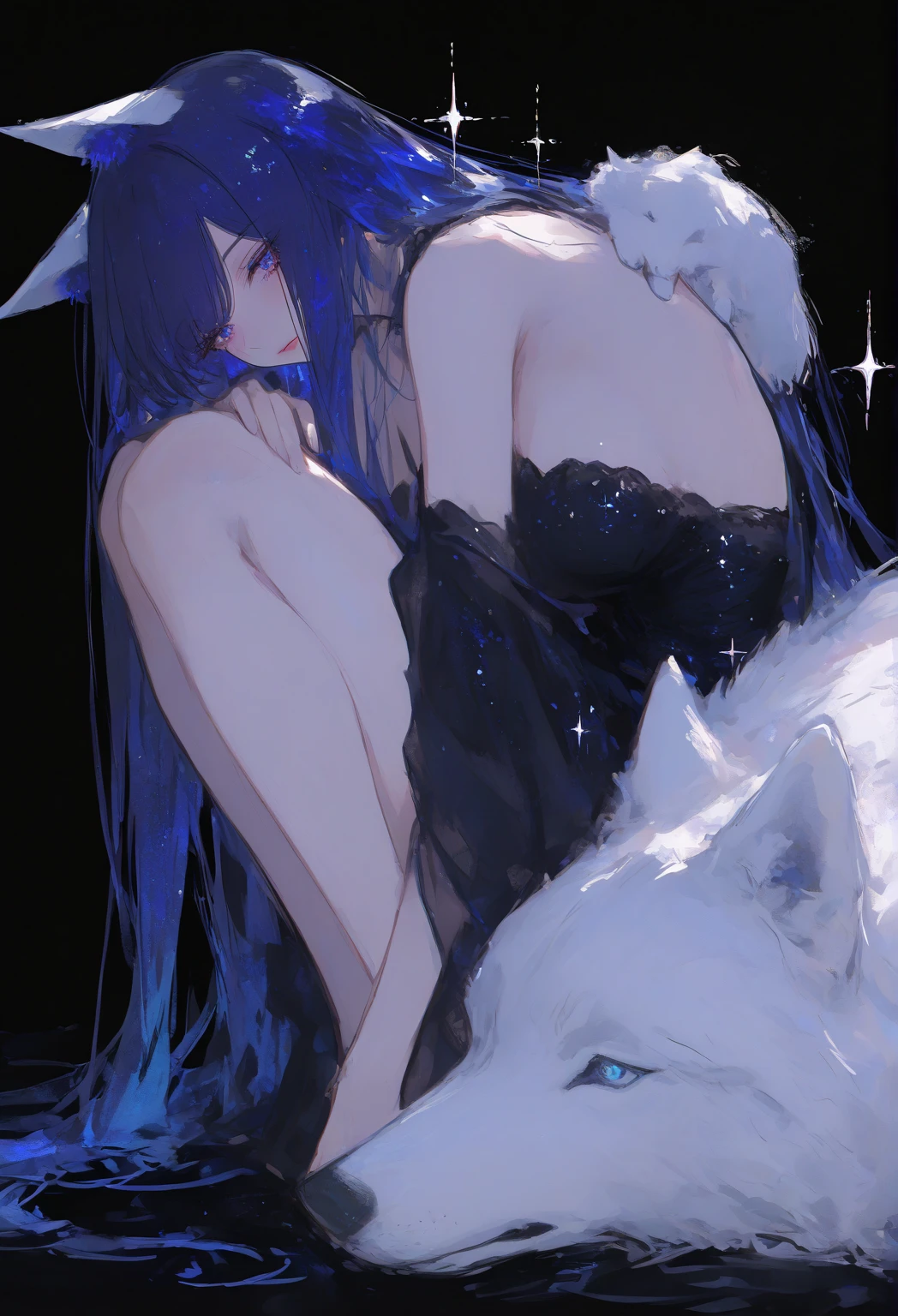 The God of Death is a child with a unique appearance that combines human and fox traits.. Your body is predominantly human, but with striking feral characteristics, like seven long blue tails that move gracefully. Her ears are fox-like and stand out above her bright blue hair., that falls in soft strands. His eyes are intense and bright purple, giving an enigmatic and profound look. This appearance reflects his majestic and mysterious presence as the God of Death., balancing the innocent and the supernatural. Her sister is a feral fox with vibrant purple fur.. Her blue hair is short and stands out against her fur., and your ears are blue. She has a wild and agile appearance, reflecting their independent nature. standing together, they hug each other affectionately, demonstrating deep affection and care for each other. The God of Death protects his sister with tenderness, while she reciprocates with equally protective care, highlighting the strong connection and special bond they share.