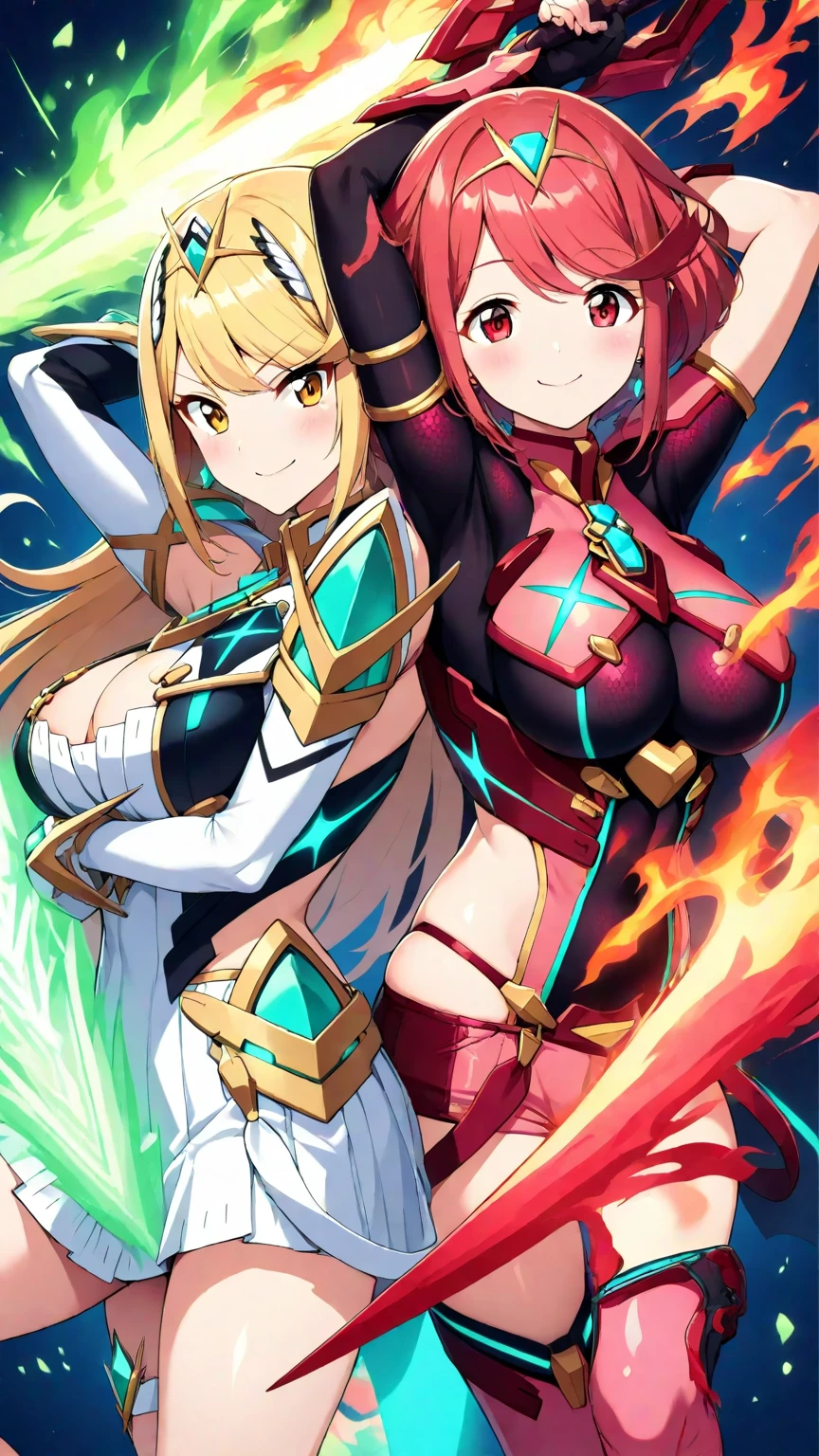 nsfw. score_9, score_8_superior, score_7_superior, anime, 2girl, Homura(Xenoblade2), Red eyes, Redhead, short hair, tiara, Earrings, 胸のgem, High leg leotard, 斜め分けbangs, Hikari (Xenoblade), Long Hair, Blonde, Yellow Eyes, large 胸, gloves, Cleavage, jewelry, dress, bangs, tiara, Earrings, Bare shoulders, Cleavage cutout, Clothing cutouts, Thighsストラップ, elbow gloves, short dress, swept bangs, barefoot, very Long Hair, white gloves, white dress, White footwear, Headpiece, gem, armor, Beautiful Eyes, Perfect Face, Perfect hands, Perfect Fingers, barefoot, hanging breasts, Very beautiful long legs, Thighs, pantyhose, Puffy nipples, Pussy juice, ahegao, trembling, arms behind head, prone bone, cum in pussy, vaginal penis, futanari
