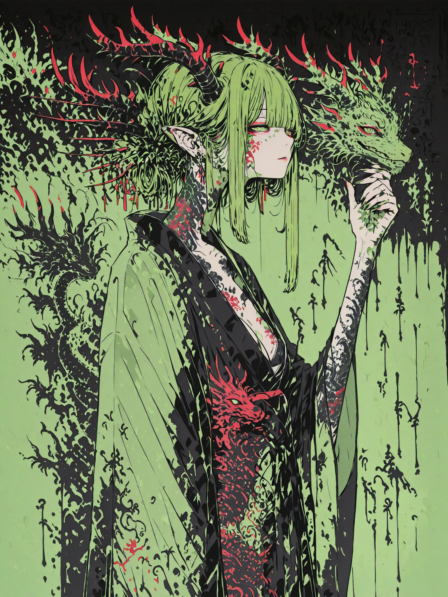 Girl in green transparent kimono, Dragon Horns, tattooed body hieroglyphs, dragon tattoo,