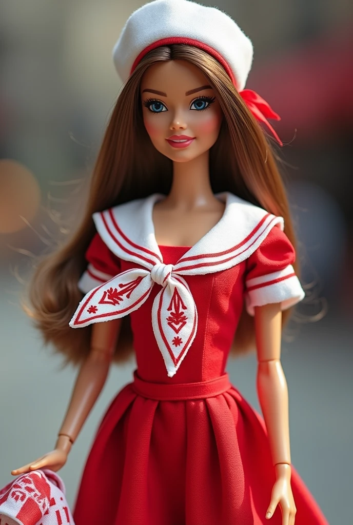 toy doll dress made with red fabric and white stripes 