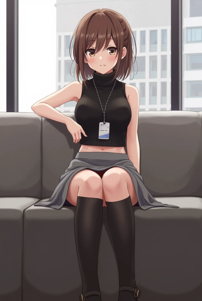 kuwanamaki, black hair with brown highlights, red eyes, thighs, short skirt, panty flash, sitting down