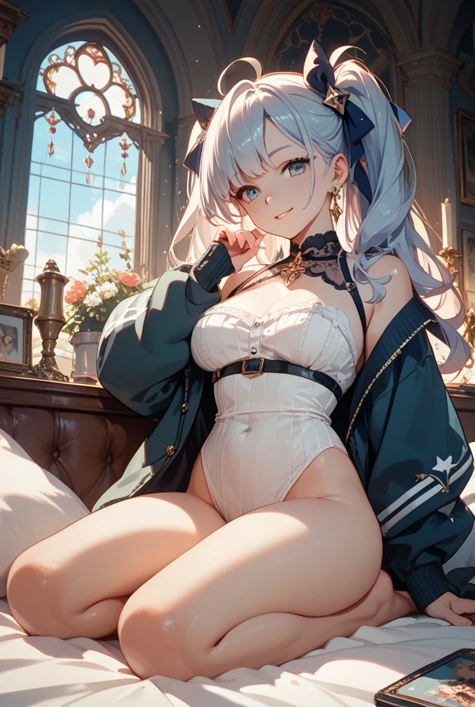 (masterpiece:1.8),(highest quality:1.8),(Very detailed:1.8),(8k:1.8),(Ultra-fine Illustration:1.5),,,Straight low twintail,Flat Chest,Small Ass,(High-grade metallic silver,,lingerie:1.4),(Prayer Pose:1.5),Vintage sofa,,(Full body angle), Stained glass, Rainbow Gradient,