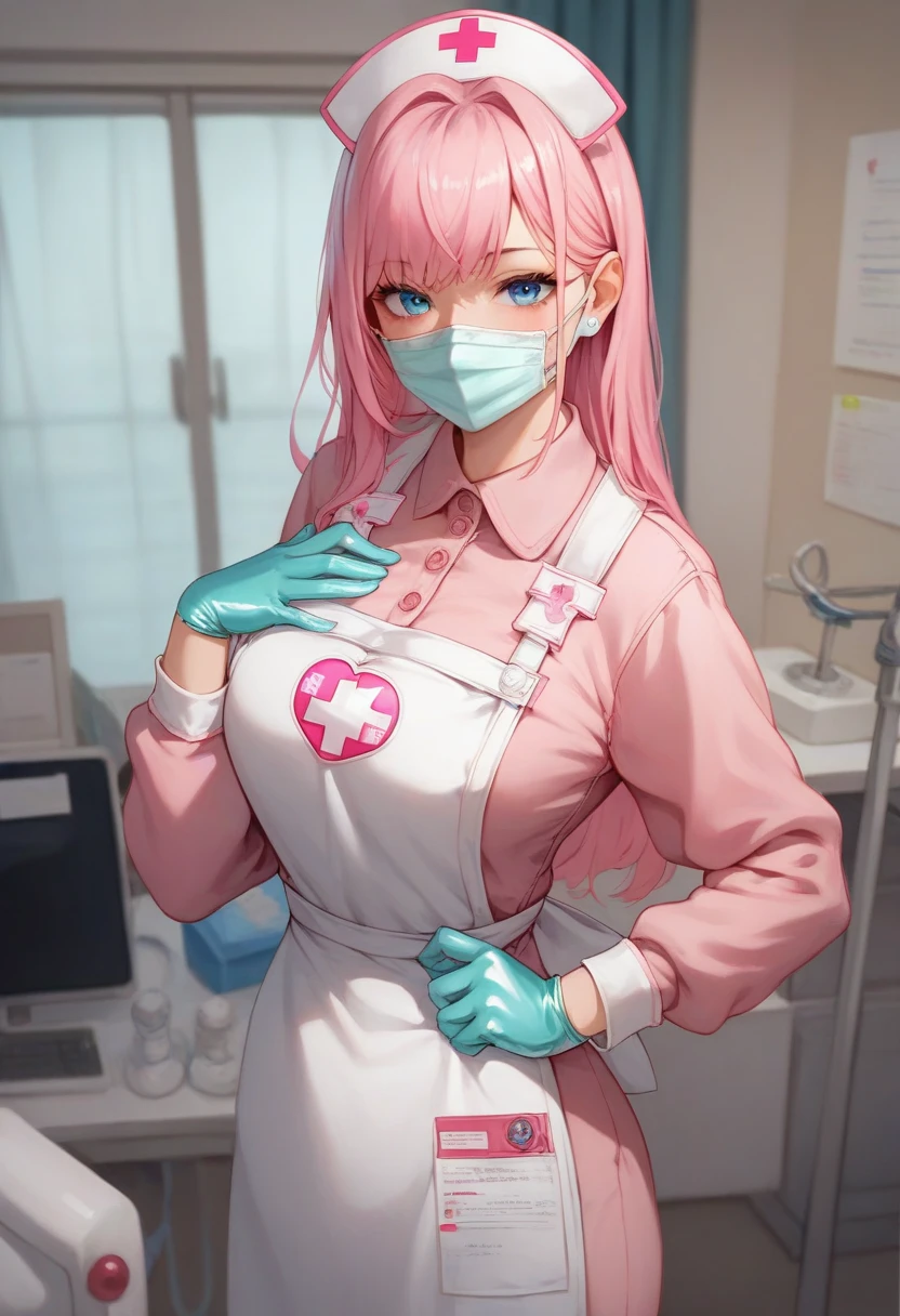 1girl, solo, nurse, white nurse cap, white nurse uniform, ((white legwear, zettai ryouiki)), white gloves, pink hair, green eyes, drooping eyes, ((white surgical mask, covered nose)), standing, ((hospital room)), sharp outline, short sleeves, best quality, masterpiece