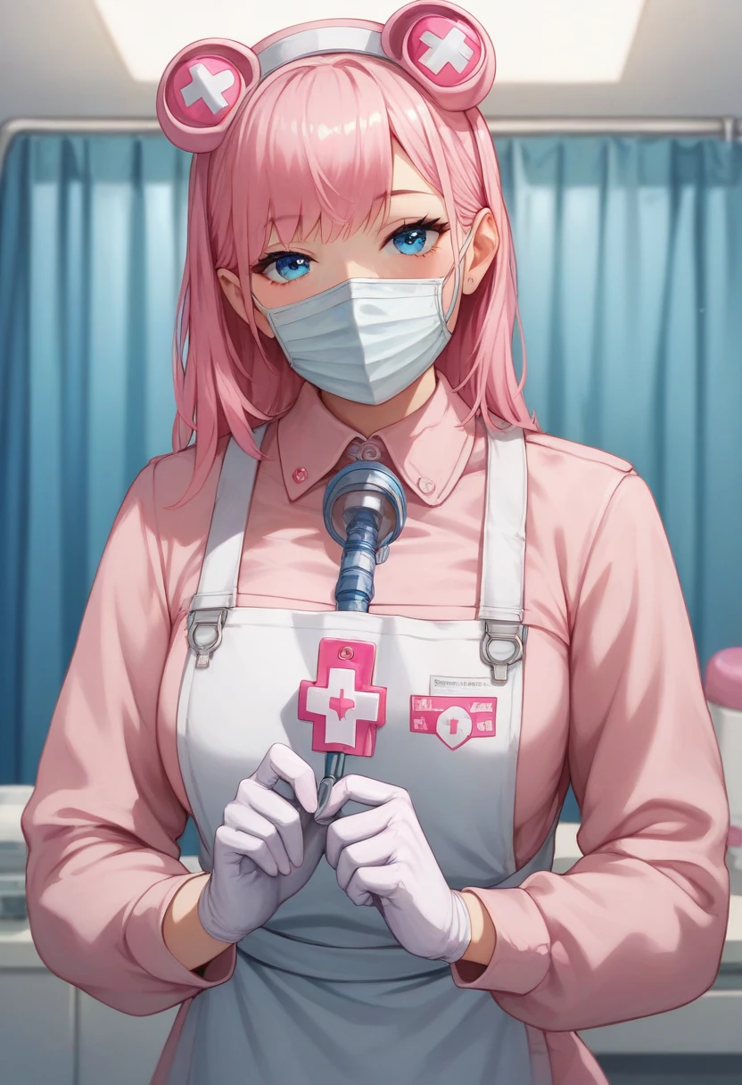 1girl, solo, nurse, white nurse cap, white nurse uniform, ((white legwear, zettai ryouiki)), white gloves, pink hair, green eyes, drooping eyes, ((white surgical mask, covered nose)), standing, ((hospital room)), sharp outline, short sleeves, best quality, masterpiece